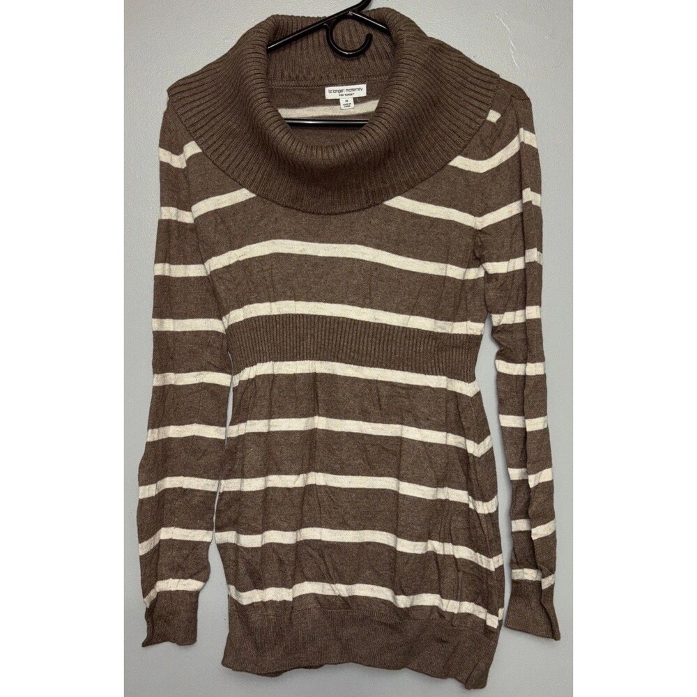 Liz Lange Maternity Light Brown  Striped Long Sleeve Cowl Neck Sweater Sz Med